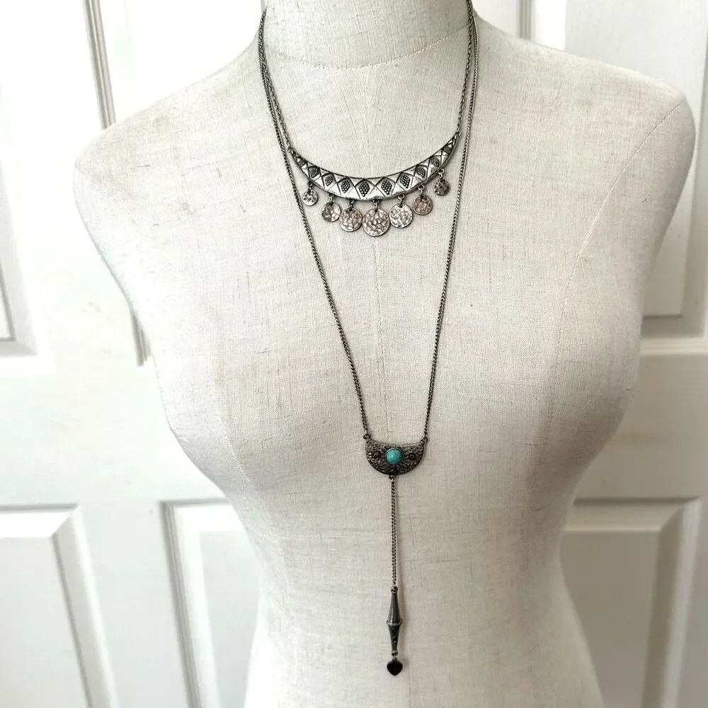 Silver tone long double strand statement necklace